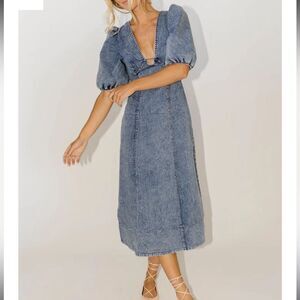 Zoco Sara Beth Cotton Blend Denim Puff Sleeve Midi Dress Size S